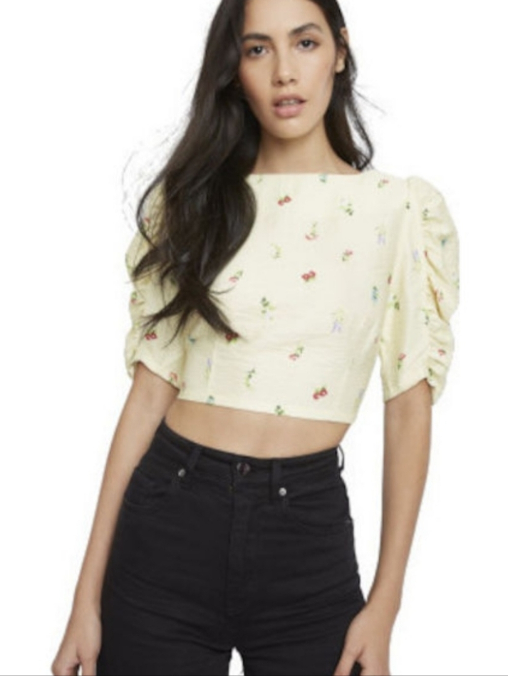 Glamorous Pale Yellow Floral Puff-Sleeve Crop Top